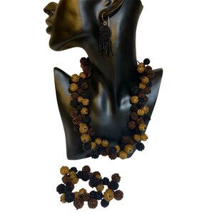 Vtg Handmade Cluster Seed Bead Choker Necklace Earrings Stretch Bracelet Set
